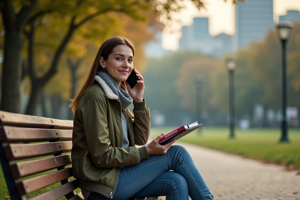 Jeune femme parlant au téléphone dans un parc urbain