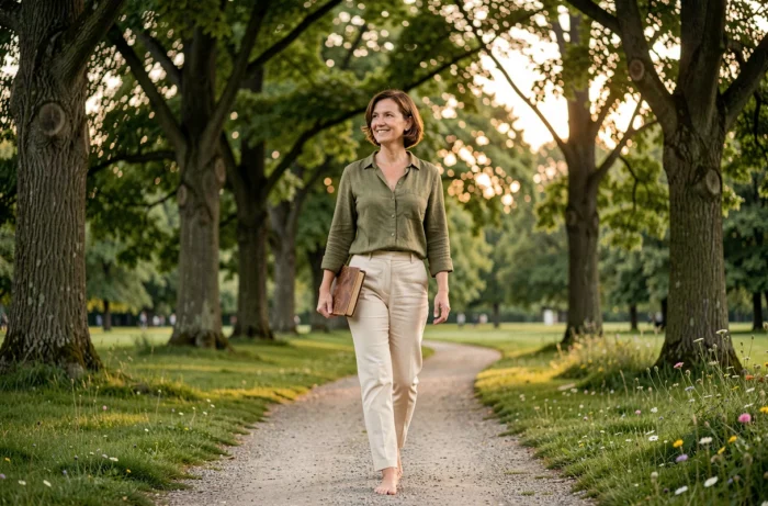 Femme se promenant dans un parc verdoyant avec un journal, illustrant une routine bien-être apaisante au quotidien