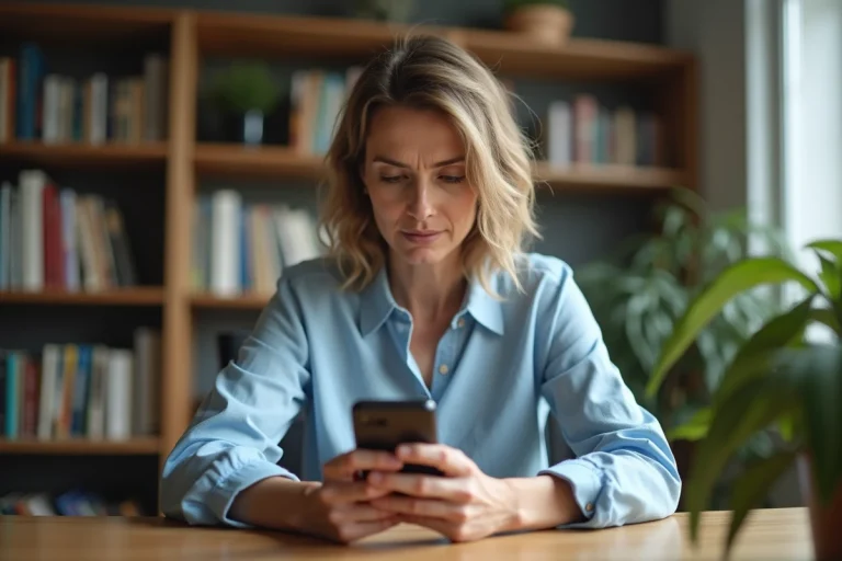 Femme consultant son smartphone pour identifier un indicatif téléphonique international inconnu