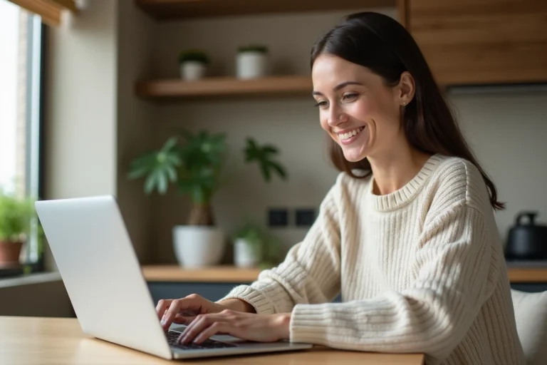 Femme assise à une table de cuisine moderne travaillant sur son ordinateur