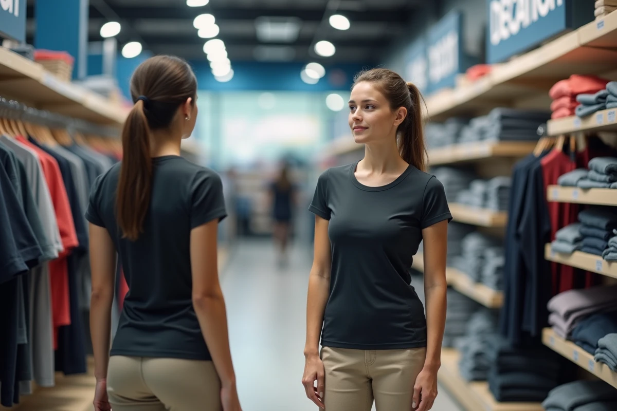 Jeune femme vérifiant son reflet en magasin de sport