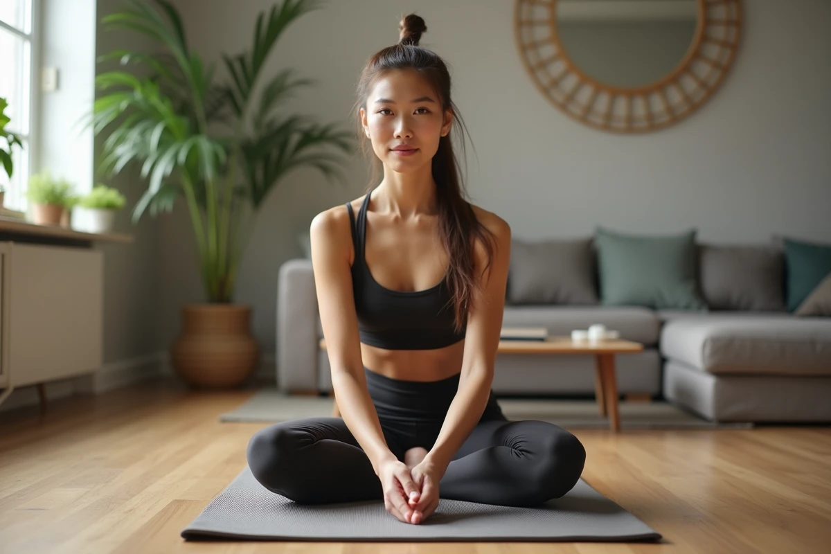 Femme faisant du yoga chez elle sur un tapis