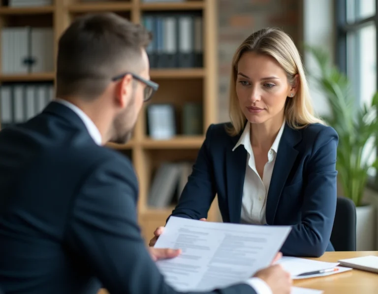 Une femme professionnelle et un conseiller d'emploi examinent un contrat d'insertion dans un bureau administratif moderne