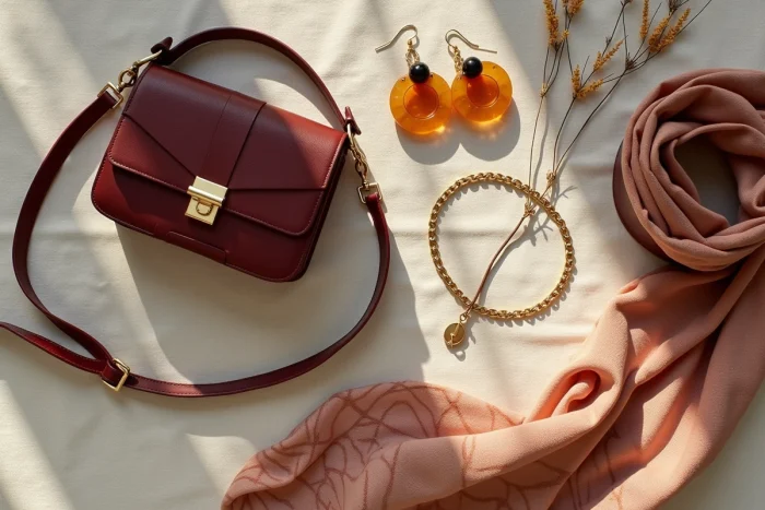 Flat lay élégant d'accessoires tendance de la saison, sac en cuir bordeaux, collier doré, boucles d'oreilles et foulard en soie sur lin naturel