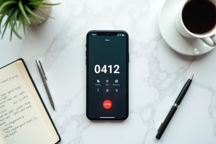 Vue de dessus d'un smartphone affichant l'indicatif 0412 sur un bureau avec un carnet de codes pays
