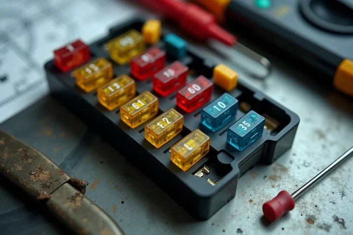 Gros plan d'un boîtier BPGA ouvert avec fusibles colorés, tire-fusible et multimètre sur un établi de garage