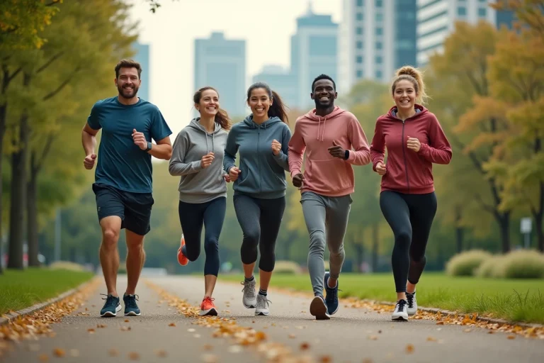 Groupe de coureurs urbains en pleine course dans un parc