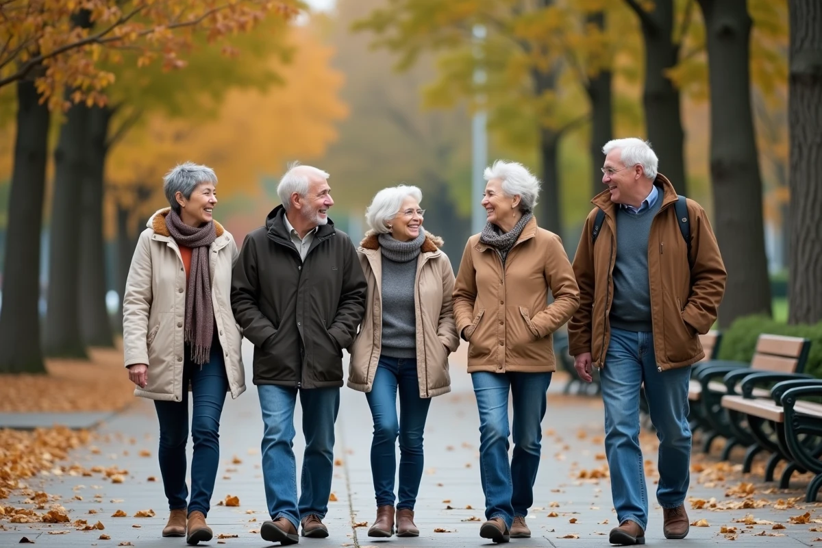 Groupe de seniors marchant dans un parc urbain en riant