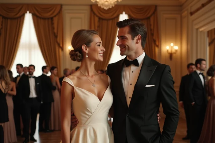 Couple élégant lors d'un gala de charité dans un grand salon londonien, évoquant la vie mondaine et les événements publics d'Hannah Bagshawe et Eddie Redmayne