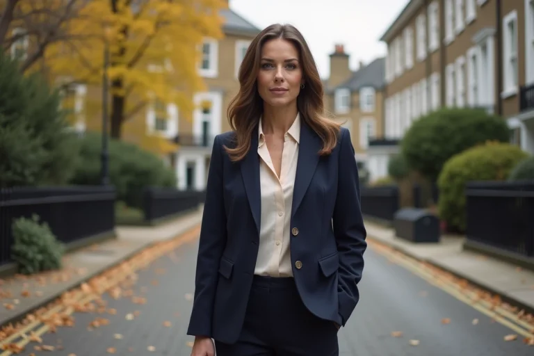 Portrait élégant d'une femme britannique raffinée dans une rue londonienne en automne, illustrant le style et la personnalité d'Hannah Bagshawe