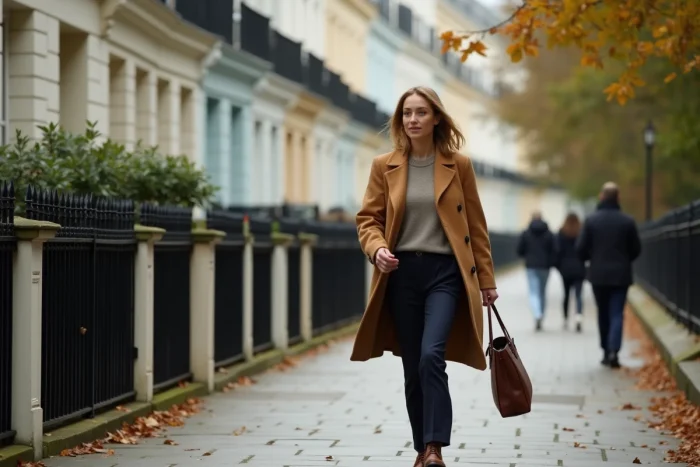 Femme élégante marchant dans un quartier chic de Londres en manteau camel, style éditorial illustrant le quotidien et la personnalité d'Hannah Bagshawe