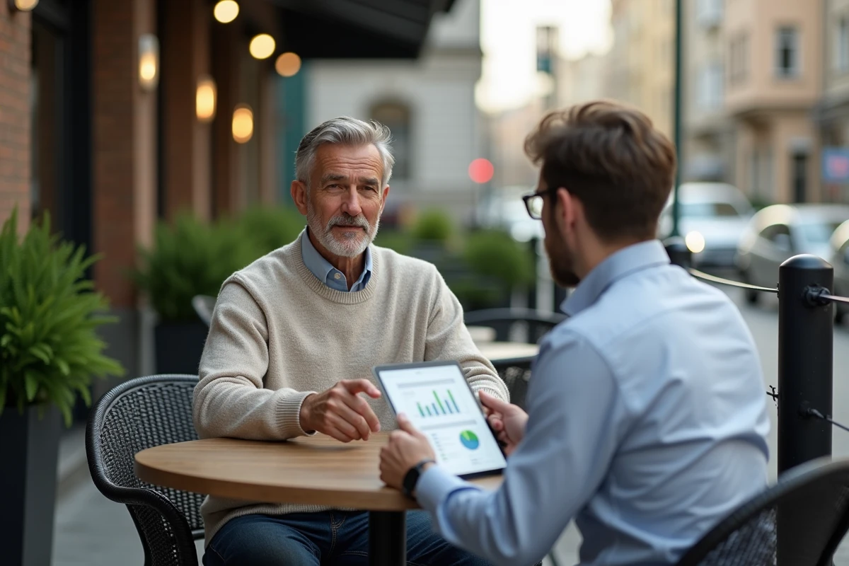 Homme en café discutant stratégie avec un professionnel