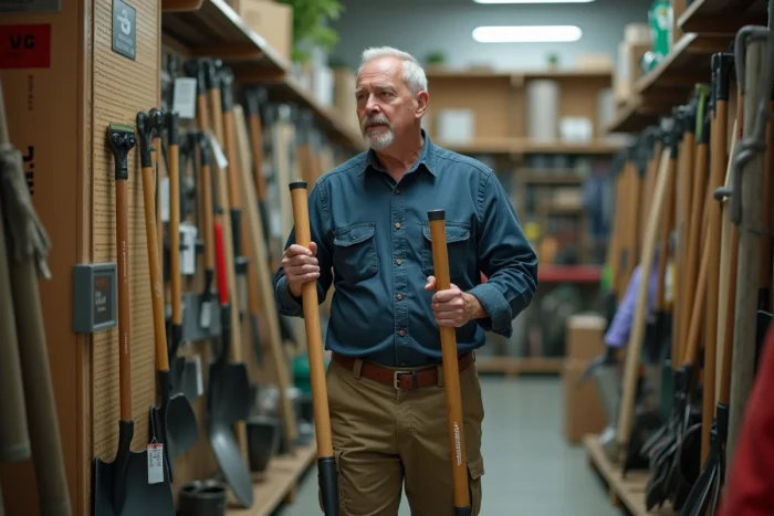 Homme comparant des bêches à long manche dans un magasin de matériel de jardin