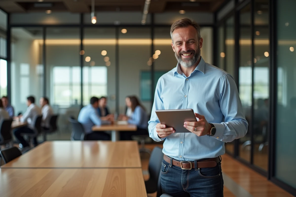 Homme d age moyen consultant un site web sur une tablette dans un espace coworking