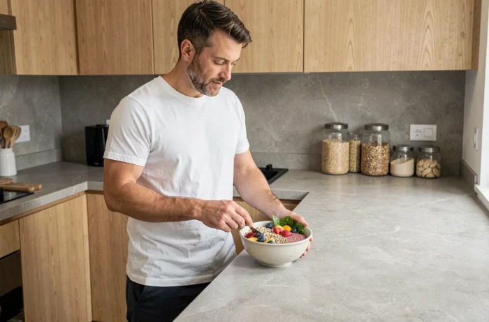 Homme préparant un smoothie bowl nutritif dans une cuisine moderne dans le cadre d'une routine bien-être saine