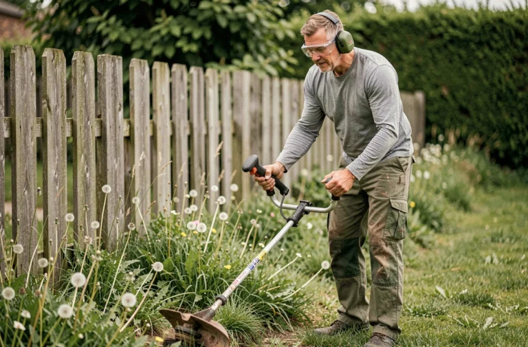 Homme utilisant une débroussailleuse thermique pour entretenir les bordures d'un jardin suburban envahi par la végétation