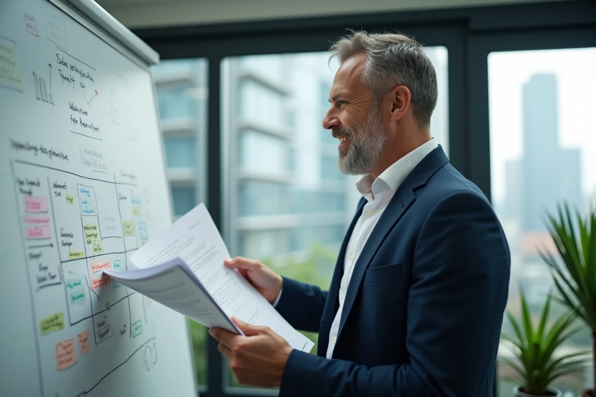 Homme en réunion créative avec script et tableau blanc