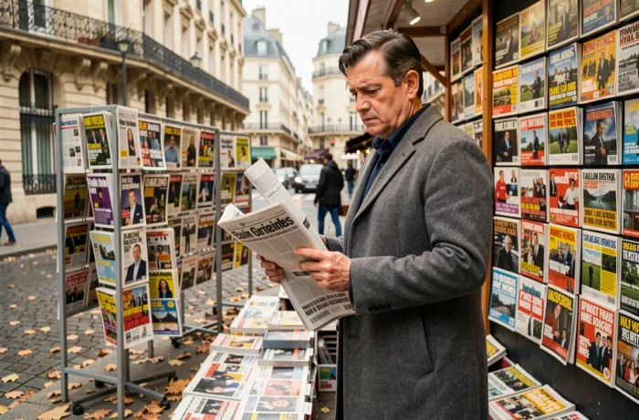 Homme consultant des journaux à un kiosque à journaux parisien en automne