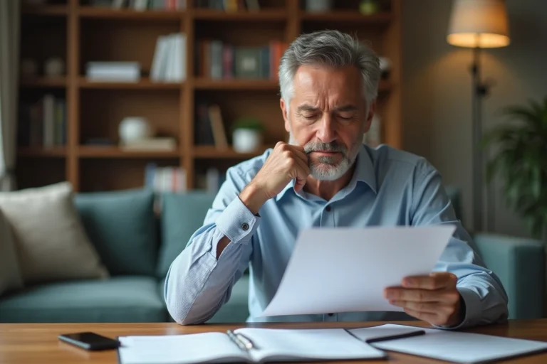 Homme d'âge moyen lisant un document d'assurance