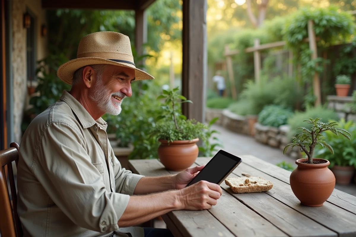 Homme âgé lisant un blog de jardinage sur sa tablette
