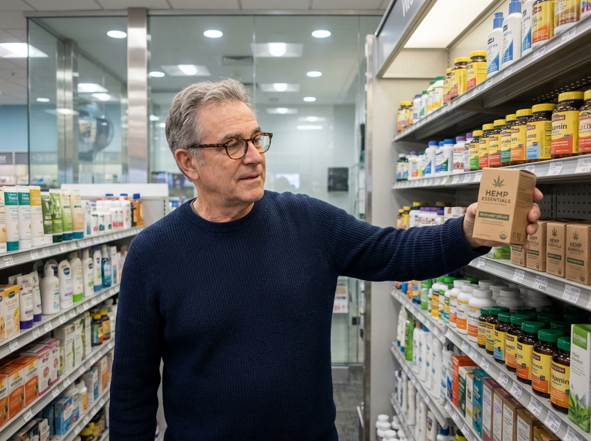 Homme dans une pharmacie regarde une crème au chanvre