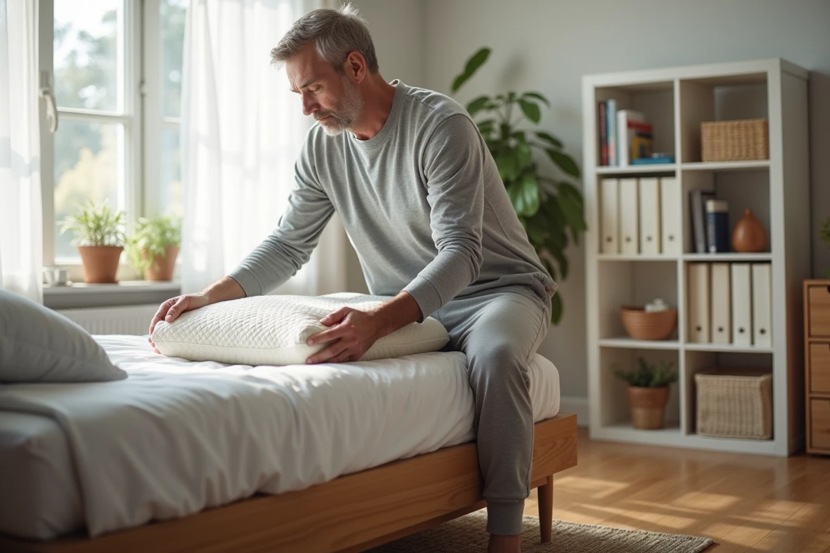 Homme ajustant un oreiller mémoire dans sa chambre lumineuse