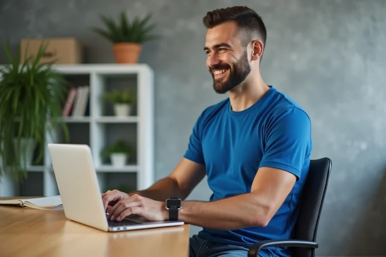 Homme assis à un bureau avec t shirt posture correcteur