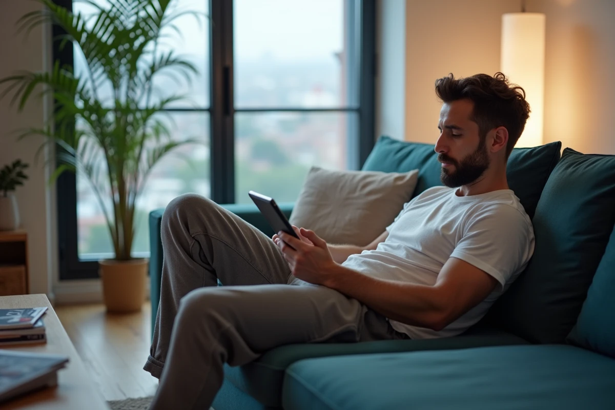 Homme en sweat détendu regardant une tablette dans un salon moderne