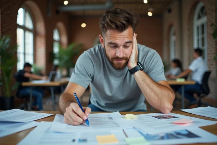 Homme planifiant la stratégie éditoriale de son blog avec des notes imprimées dans un espace de coworking moderne
