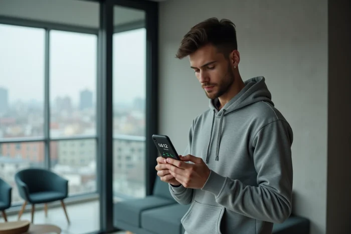 Jeune homme tenant un téléphone affichant le numéro 0412 dans un appartement moderne