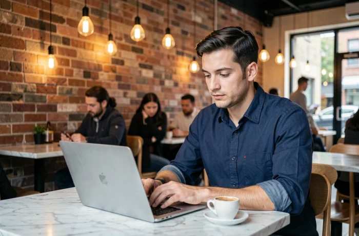 Homme travaillant sur un ordinateur portable dans un café moderne avec une interface web intuitive ouverte