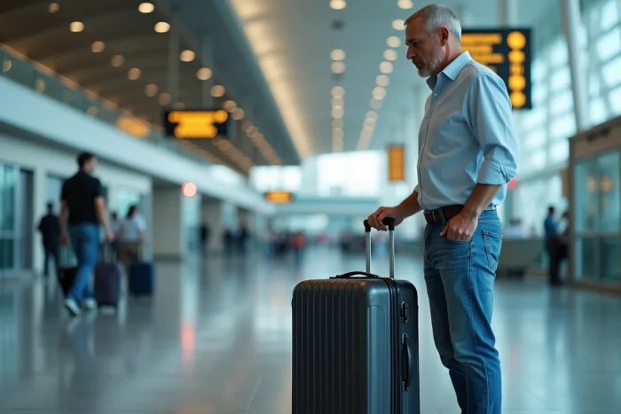 Homme d'âge moyen examine une valise à l'aéroport