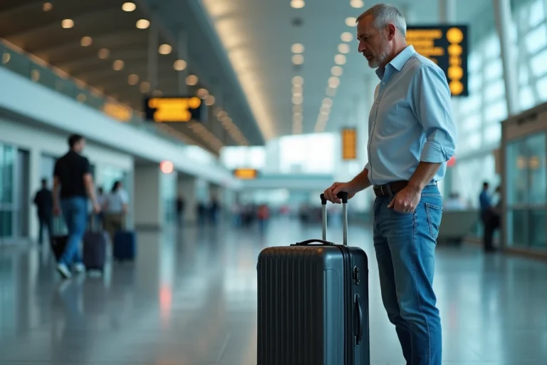 Homme d'âge moyen examine une valise à l'aéroport
