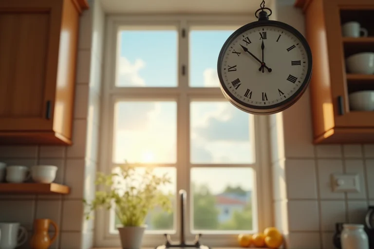 Horloge analogique indiquant midi avec un ciel ensoleillé visible en arrière-plan à travers une fenêtre de cuisine