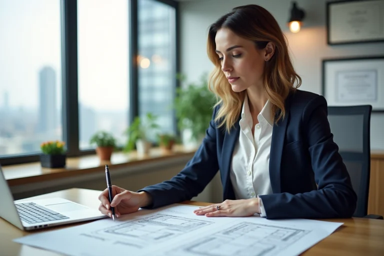 Femme investisseure immobilier analysant des plans et documents financiers dans un bureau moderne
