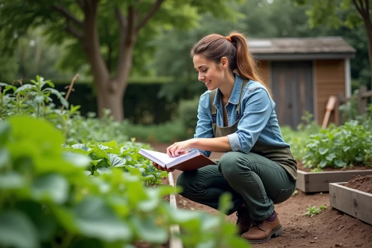 Femme en jardinage près du potager florissant