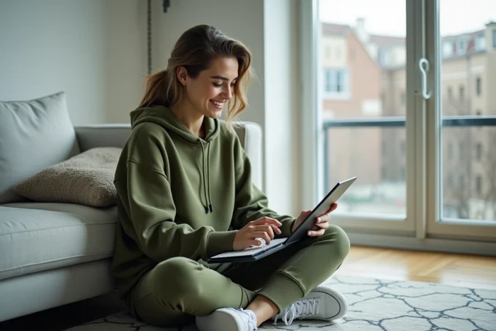Jeune femme gérant son blog depuis son canapé avec une tablette dans un appartement minimaliste et lumineux