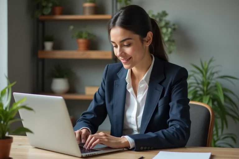 Jeune femme professionnelle travaillant sur un ordinateur dans un bureau moderne