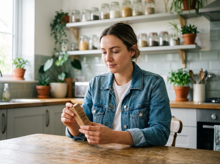 Jeune femme en denim examine une huile de CBD dans la cuisine