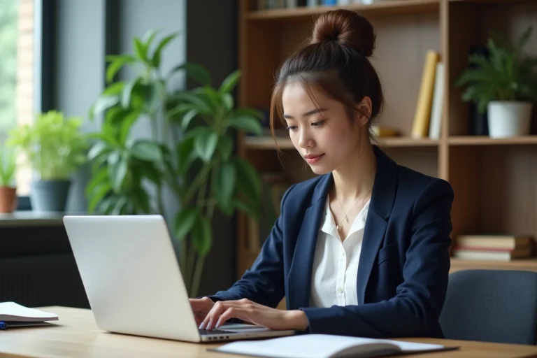 Jeune femme professionnelle au bureau avec ordinateur