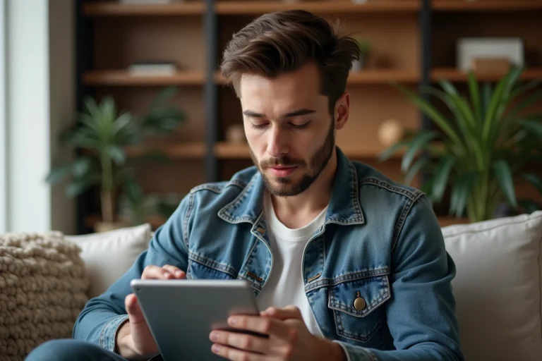 Jeune homme en denim consulte des news auto sur tablette