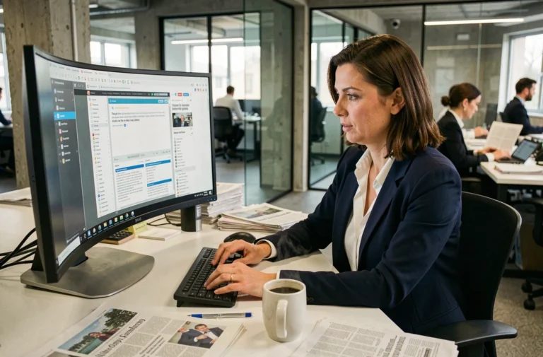 Journaliste femme lisant les dernières actualités sur un écran dans une salle de rédaction moderne