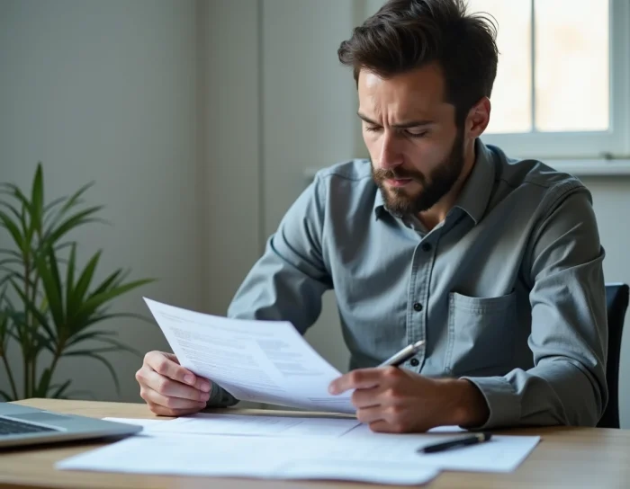 Un homme lit attentivement les clauses d'un contrat d'insertion à son bureau à domicile