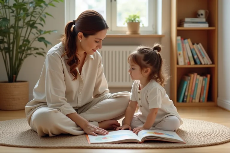 Mère et fille assises sur le sol d'un salon lisant ensemble des livres illustrés, ressources familiales au quotidien