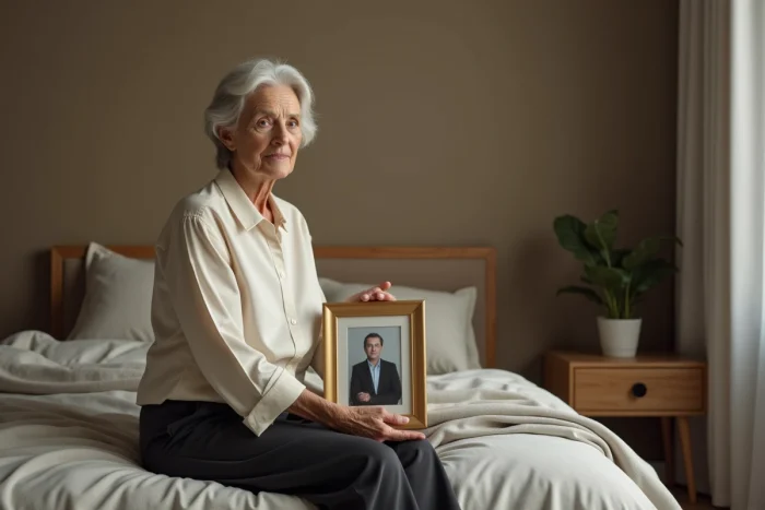 Femme d'âge mûr assise sur un lit tenant une photo encadrée, expression mélancolique, évoquant la douleur du rejet et de l'éloignement de sa fille adulte