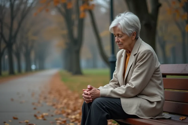Mère d'âge mûr assise seule sur un banc en bois dans un parc automnal, regard baissé, exprimant une tristesse silencieuse face au rejet de sa fille adulte