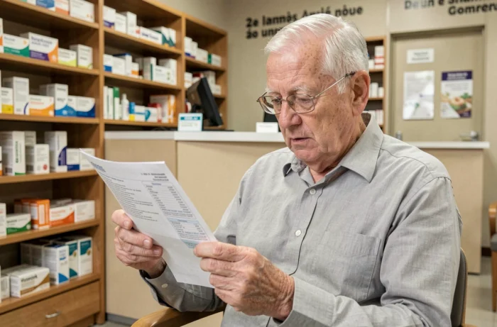 Personne âgée lisant un document sur les avantages de la prise en charge à 100% dans une pharmacie française