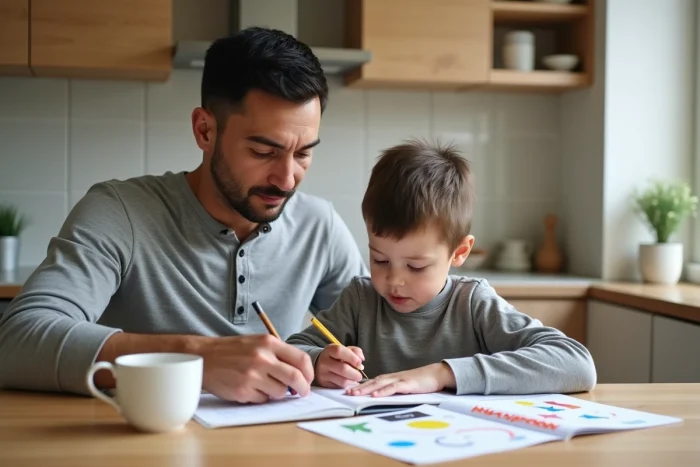 Père aidant son fils à compléter un cahier d'activités à la table de cuisine, accompagnement parental et ressources éducatives