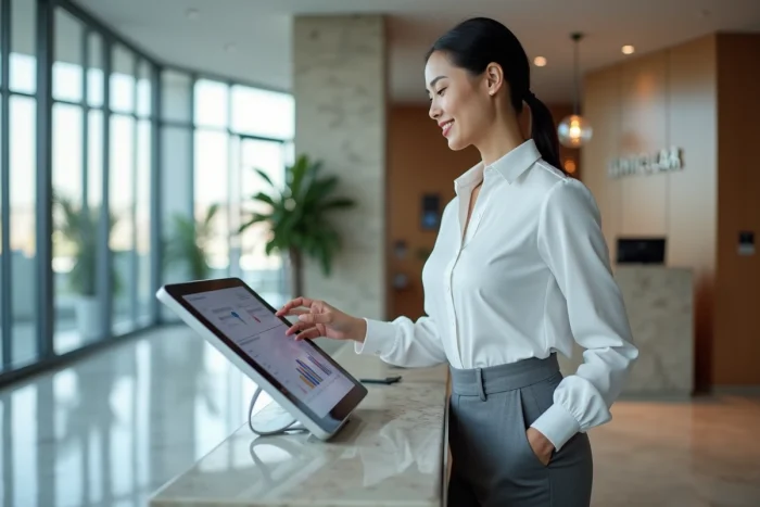 Professionnelle utilisant un kiosque numérique interactif dans un espace d'accueil de services financiers contemporain