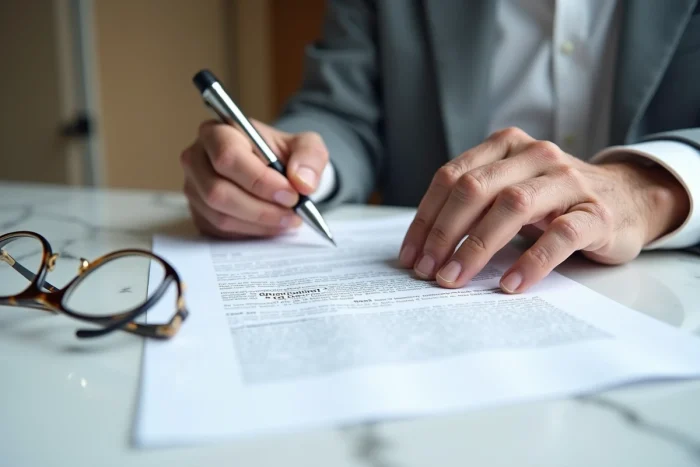 Mains d'un retraité signant les documents officiels du solde de tout compte lors d'un départ en retraite